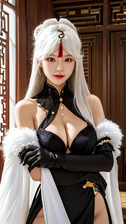 {ningguang_genshin:1.15}, hair_ornament, long_hair, bangs, white_hair, red_eyes, parted_bangs, tassel, breasts, smile, hairpin, sidelocks, hair_stick, very_long_hair, 1girl, black_gloves, china_dress, chinese_clothes, claw_ring, detached_sleeves, dress, elbow_gloves, gloves, white_dress, bare_shoulders, fur_collar, fur_trim, shot on leica, square face shape, older woman, natural proportions, intricate details, masterpiece, best quality, 8k, detailed skin texture, detailed cloth texture, beautiful detailed face, ultra detailed, looking_at_viewer, Best quality, masterpiece, ultra high res, (photorealistic:1.4), raw photo, solo, Chinese girl