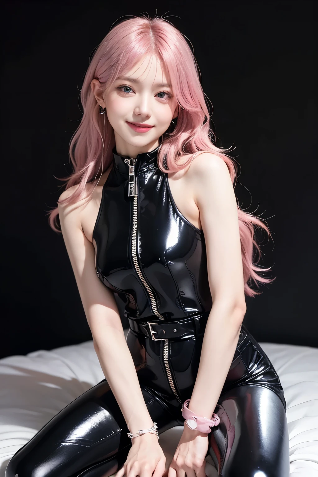 (8K, top-quality, masterpiece:1.2), (reallistic, Photorealsitic:1.37), Super Detail, One girl,), (Highly detailed), (beautifully detailed eyes), (of the highest quality), (super detailed ), (masterpiece), (Detailed face),20yr old, ,1 girl, ((pink hair,long hair)), medium breasts, clothed, Perfect Lighting, BREAK, (black:1.2), (shimmer:1.2), (soft:1.2), (feminine:1.2), (delicate floral pattern:1.2), (satin:1.3), (silk:1.4), (capsleeves:1.3), (high-cut glossy bodysuit:1.5), (leggy:1.4), (tight-fitting:1.4), (lace trim:1.3), (neckline:1.3), (flower embroidery:1.3), (clear heel mules:1.3), (minimal stud earrings:1.2), (matching pastel bracelet:1.2), BREAK, (capture upper body to thighs:1.2), (long pink hair:1.2), (soft waves:1.2), (flowing past shoulders:1.2), (gentle smile:1.3), (facing forward:1.2), (downcast eyes:1.2), (sitting casually:1.2), (one leg crossed casually:1.2), (other leg extended:1.2), (pastel pink and lavender background:1.2), (soft gradient:1.2), (softbox lighting:1.3), BREAK (steam:1.2), (NSFW:1.4)