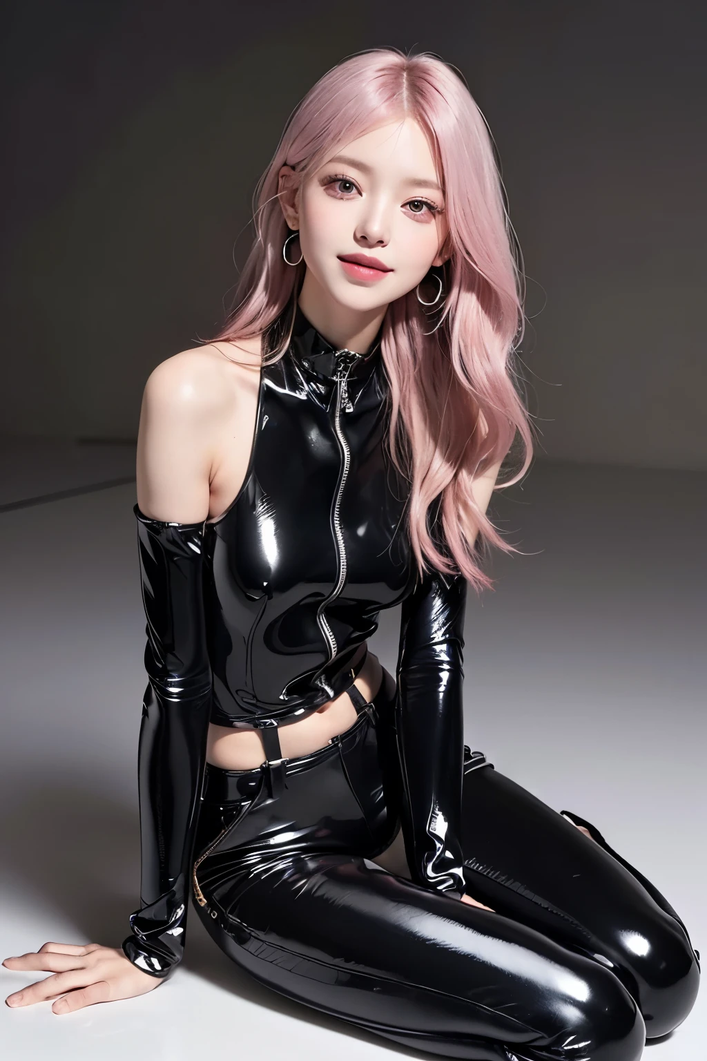 (8K, top-quality, masterpiece:1.2), (reallistic, Photorealsitic:1.37), Super Detail, One girl,), (Highly detailed), (beautifully detailed eyes), (of the highest quality), (super detailed ), (masterpiece), (Detailed face),20yr old, ,1 girl, ((pink hair,long hair)), medium breasts, clothed, Perfect Lighting, BREAK (black glossy bodysuit:1.3), (high-neck:1.2), (long sleeves:1.2), (zipper:1.2), (belted waist:1.1), (wide-leg pants:1.1), (monochrome:1.2), (metallic silver accents:1.1), (industrial hardware:1.1), (padded shoulders:1.1), (elbow patches:1.1), (ribbed cuffs:1.1), (flat shoes:1.1), (short boots:1.1), (silver choker:1.1), (statement earrings:1.1), (bangle bracelet:1.1), (harness straps:1.2), BRAKE (upper body to thighs:1.1), (seiza pose:1.2), (leaning forward:1.1), (long rose quartz hair:1.2), (waves:1.1), (smiling face:1.1), (pleasure expression:1.2), (soft lighting:1.1), (highlight hair:1.1), (beautiful skin texture:1.1), (blurred white background:1.1), BRAKE