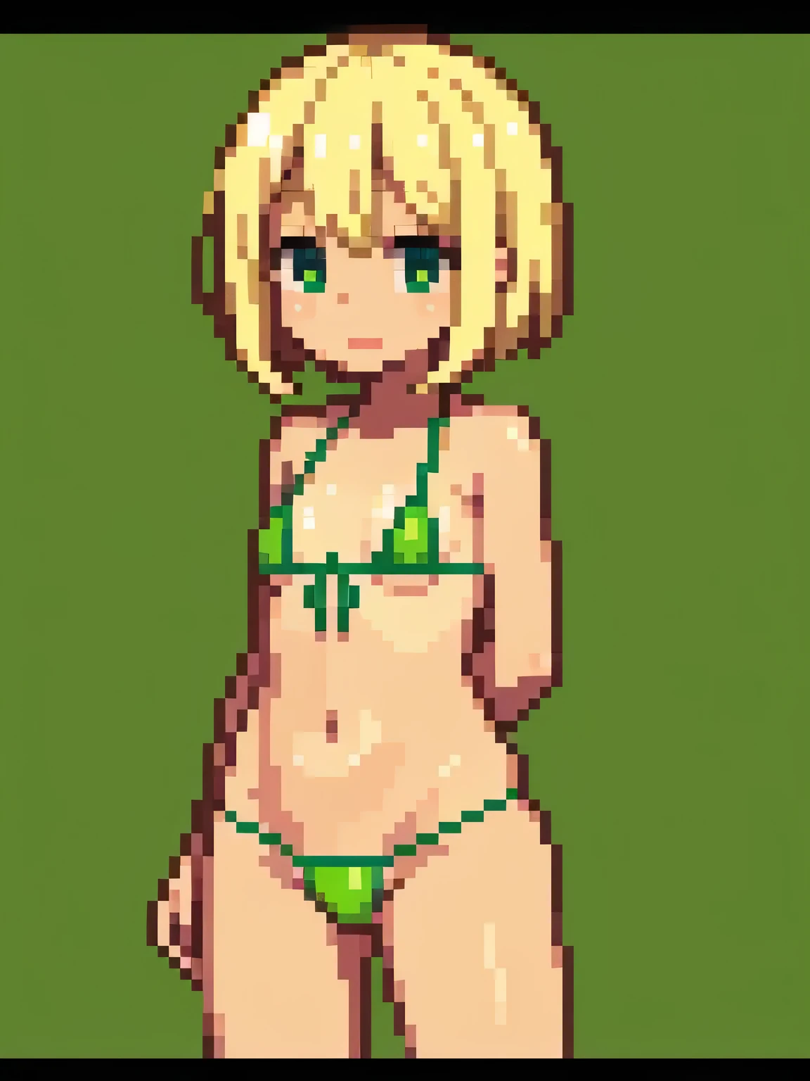 Highest quality、Very delicate and beautiful、Elementary school girl、5th grade elementary school、(((Green micro bikini)))、mesugaki、Laughter、Blonde、(Brown Skin)、Jungle background、standing、short hair