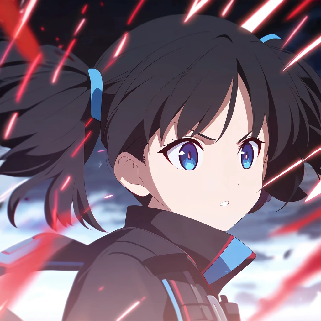 Girl, anime, warrior, short hair with red and blue lines, pretty eyes, black hair, full leather, young, with a fringe in front, epic, with pigtails, warrior clothing