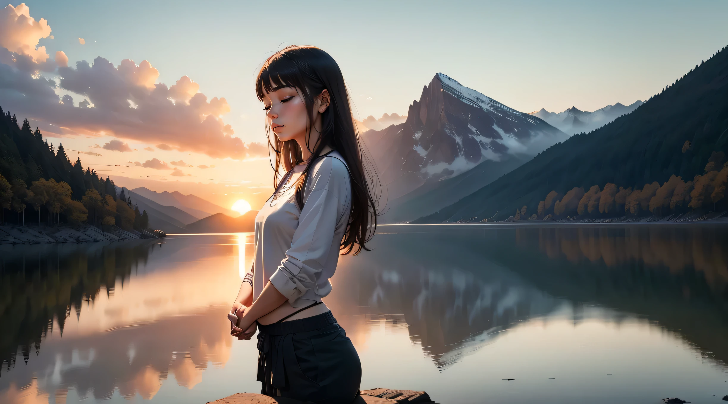 A breathtaking scene with a spectacular sunset over a calm lake surrounded by majestic mountains. En el centro de la imagen, a person stands with hands folded in prayer and eyes closed in deep meditation. Just above them, An artistic representation of God, surrounded by a divine aura of light, look with compassion at the person meditating. A luz dourada do sol poente banha a paisagem, creating a peaceful and spiritual atmosphere