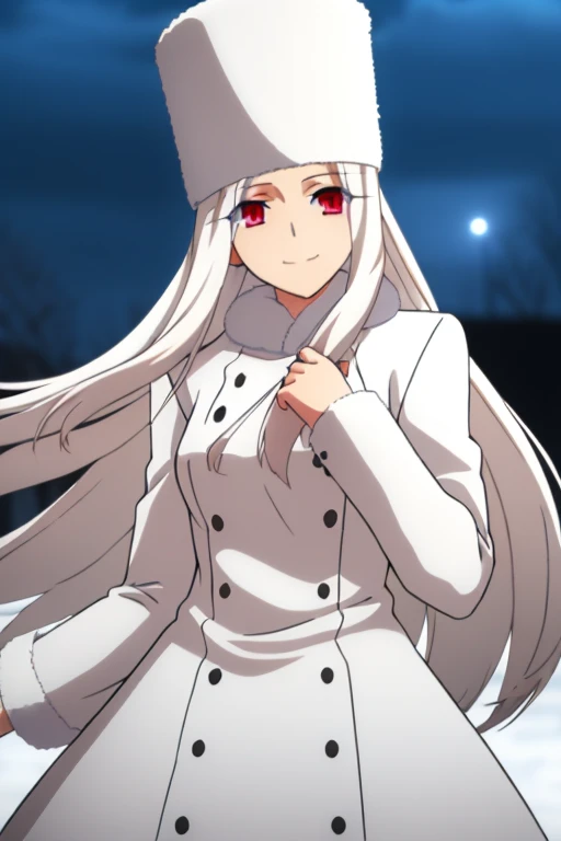 from below, Irisviel Von Einzbern, (large ), oversized , long hair, white hair, white fur coat, white fur hat, solo, facing the viewer, looking at the viewer, smile, closed mouth, outdoors, (blurry background), snow