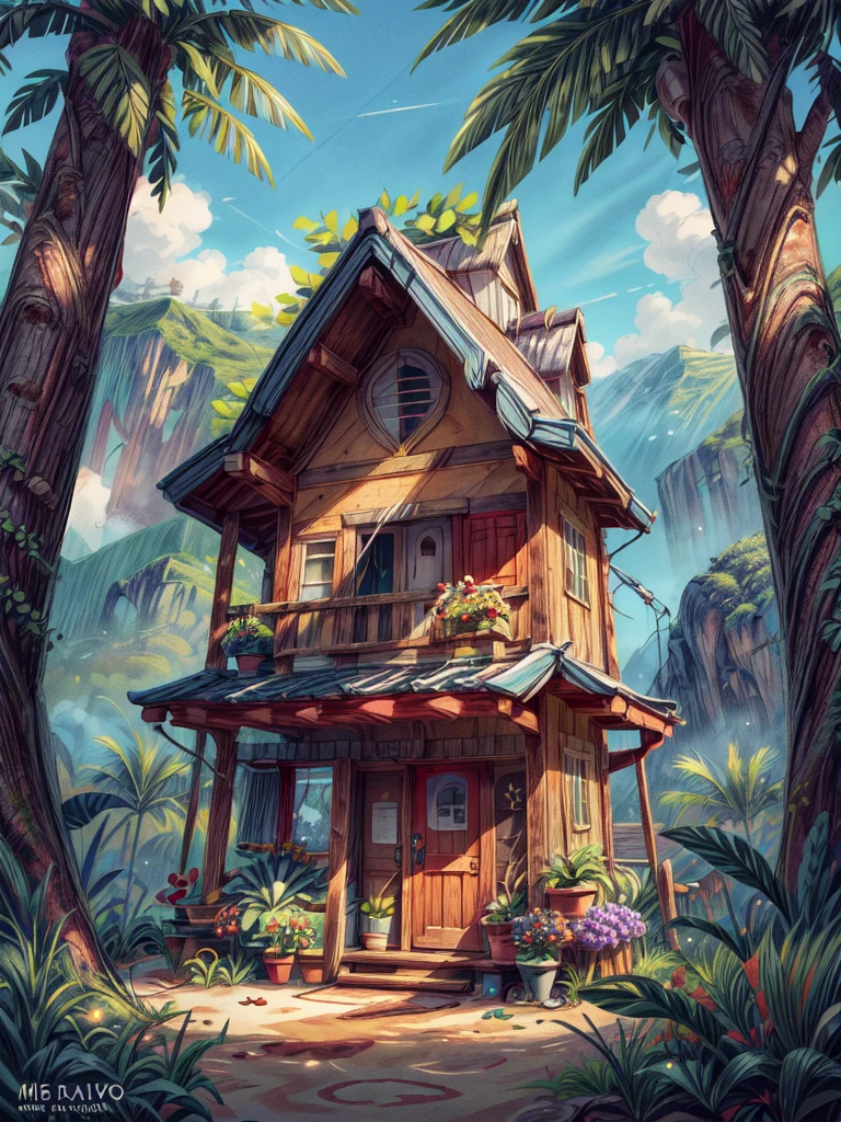 super wide perspective, outdoors, a beautiful white colored old cabin, flower fields, mountains, blue doors and windows, beach side, windy, moody weather, sand, tropical plants, stairs, amazing sky, ghibli anime scene, pots with tropical leafy plants, white metal chair with table, white cycle with basket, red flowers in balcony, flowers in foreground, cinematic color tones, subtle light, vibrant color tones, ghibli style, no humans, scenery, masterpiece, high resolution