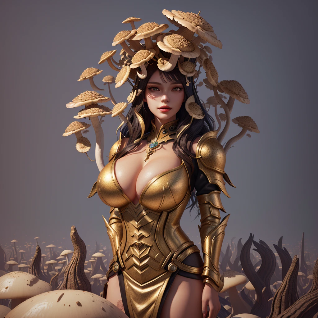 there is a woman with a head made of mushrooms, mushrooms on her head, made of mushrooms, mushrooms growing out of her on her body, myconid, massive breasts, 3 d render stylized, hyperdetailed fantasy character, karol bak uhd, cute detailed digital art, beautiful digital artwork, gorgeous digital art, 3 d character art, fantasy style art, exquisite digital illustration, digital art fantasy art, 3d render digital art