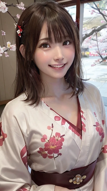 Tabletop, Highest quality, 8k, RAW Photos, One Girl, (Beautiful girls, Delicate girl:1.3), (16 years old:1.3), break, (Floral, kimono, kimono, red kimono:1.3), break, Very fine particles, (Symmetrical eyes:1.3), break, (cherry blossoms, filled with cherry blossoms, surrounded by cherry blossoms:1.2), perfectly trimmed fingers, break, Small breasts, Brown eyes, Parted bangs, Brown Hair, (Upper teeth, The best smile:0.6), break, (Eye and facial details:1.0), break, (masterpiece, Highest quality, Very detailed, Detailed face, 8k),break,(Laughter:1.6), break,Showing teeth