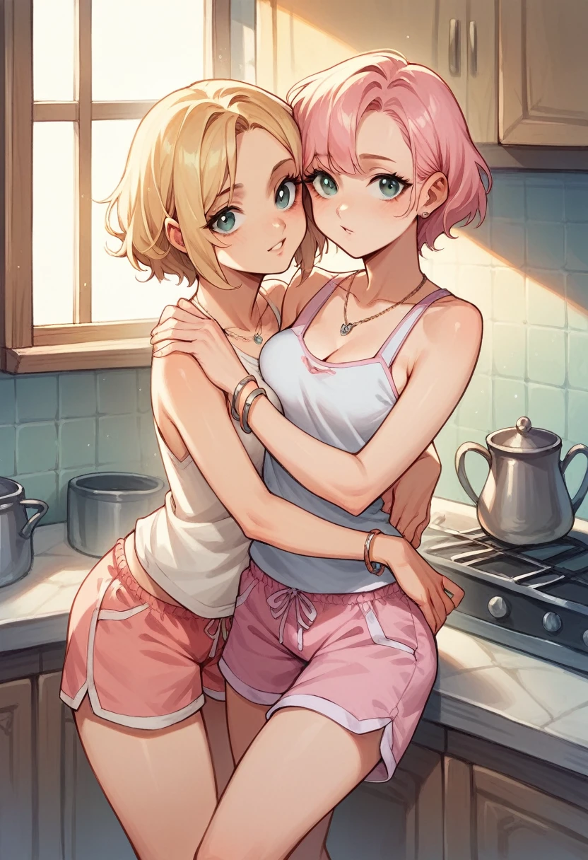 masterpiece, Highest quality,futa Sex,djeeta(gbf),pink headband, Nude, Sex,Blonde,Lesbian,Big Shorthair,2 girls,with heart-shaped eyes,Deep Kiss,French kiss,futanari