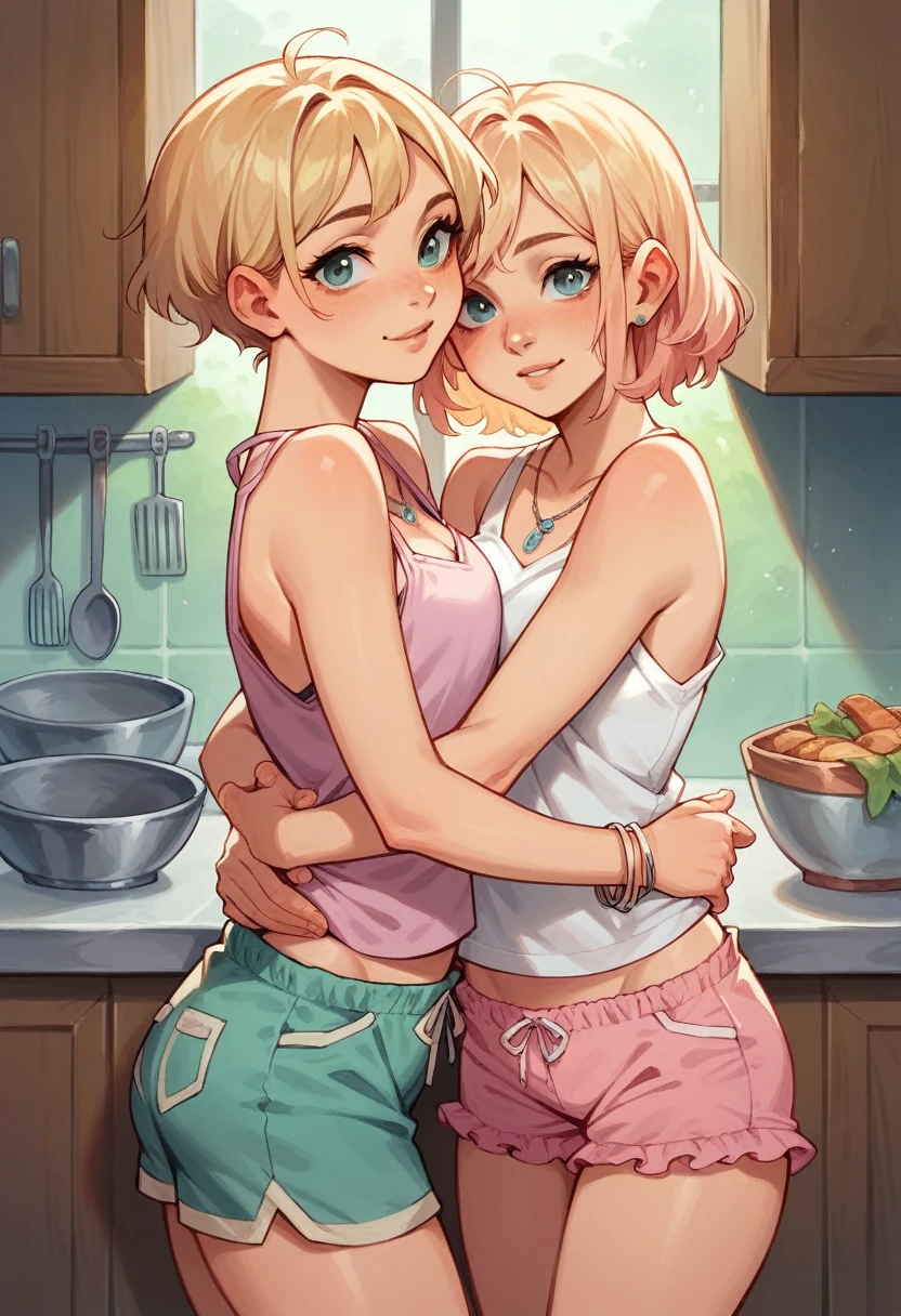 2 age girls, wearing very small pink pajama shorts and pajama tank top, leaning against a kitchen counter, blond messy hair, necklaces, bracelets, looking straight at viewer,nsfw sultry look, seductive