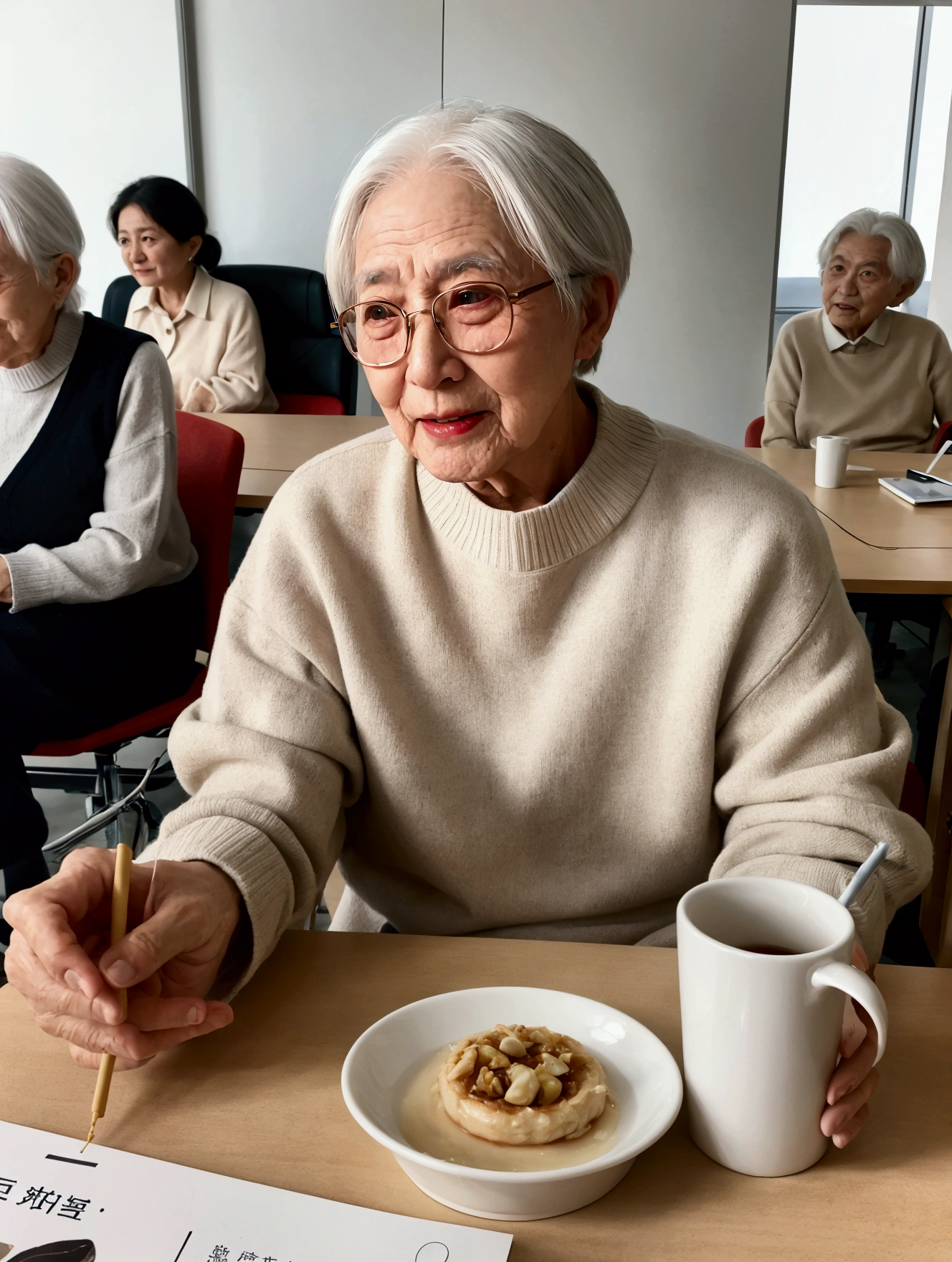 Multiple elderly people,Meeting to discuss the plan,To quarrel with,Chinese aunt,Chinese uncle,White hair,Have a meeting at the company,office,With a badge,Sitting at the table,Big table,sweater,side,65 years old,discourse,Happy expression