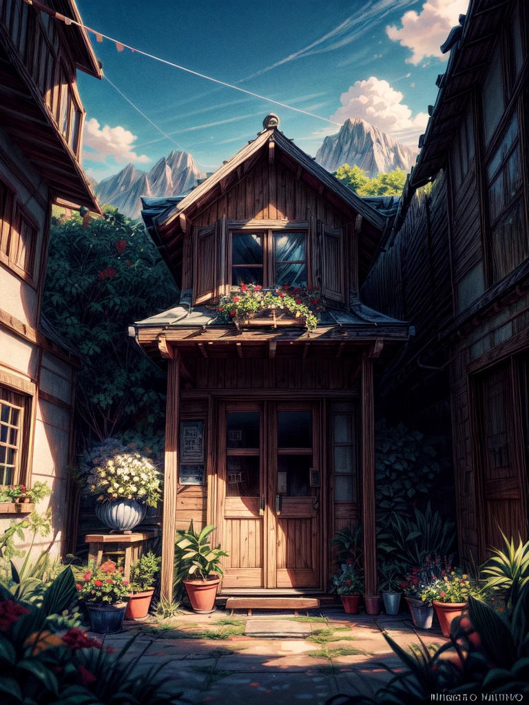 super wide perspective, outdoors, a beautiful white colored old cabin, flower fields, mountains, blue doors and windows, beach side, windy, moody weather, sand, tropical plants, stairs, amazing sky, ghibli anime scene, pots with tropical leafy plants, white metal chair with table, white cycle with basket, red flowers in balcony, flowers in foreground, cinematic color tones, subtle light, vibrant color tones, ghibli style, no humans, scenery, masterpiece, high resolution