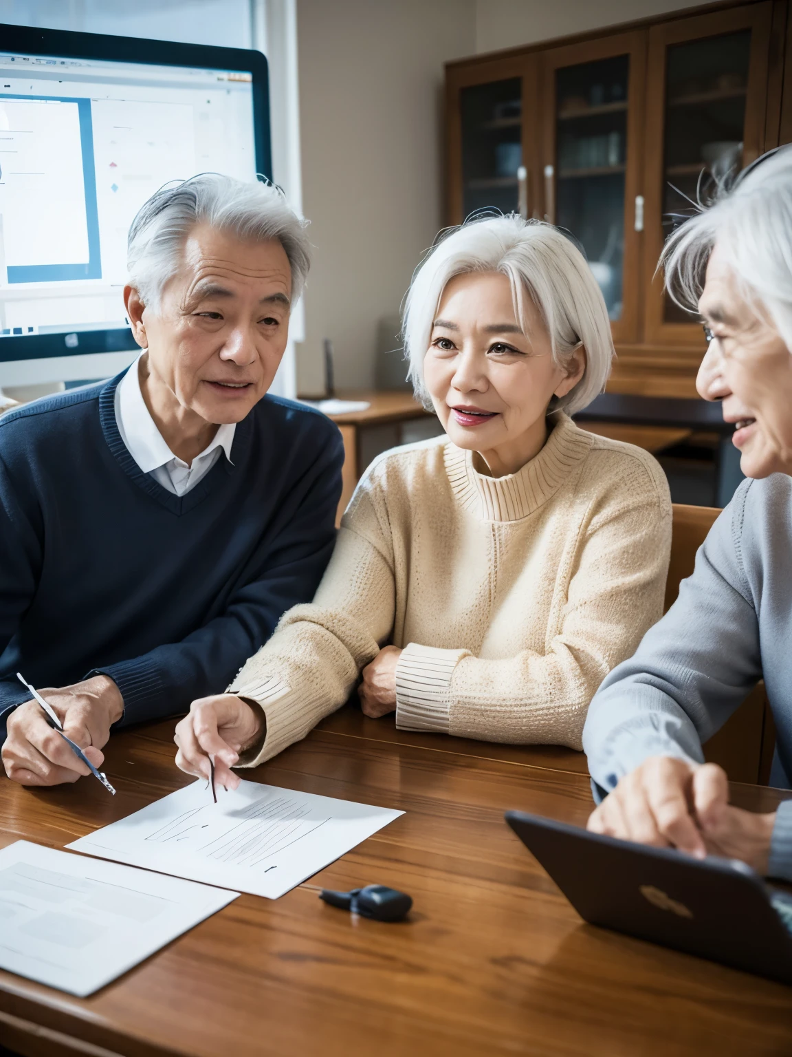 Multiple elderly people,Meeting to discuss the plan,To quarrel with,Chinese aunt,Chinese uncle,White hair,Have a meeting at the company,office,With a badge,Sitting at the table,Big table,sweater,side,65 years old,discourse,Happy expression