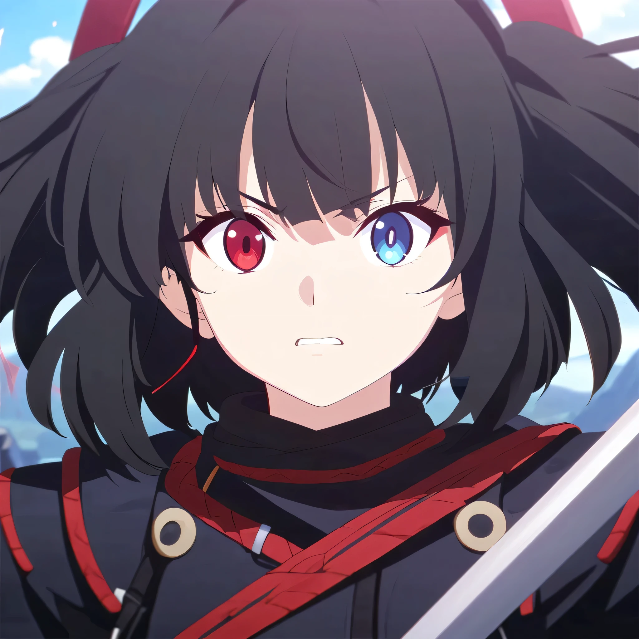 Girl, anime, warrior, short hair with red and blue lines, pretty eyes, black hair, full leather, young, with a fringe in front, epic, with pigtails, warrior clothing