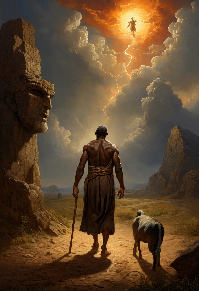 The Lord condemned Cain to be a wandering fugitive."
imagery: Cain receiving God's curse and wandering alone.