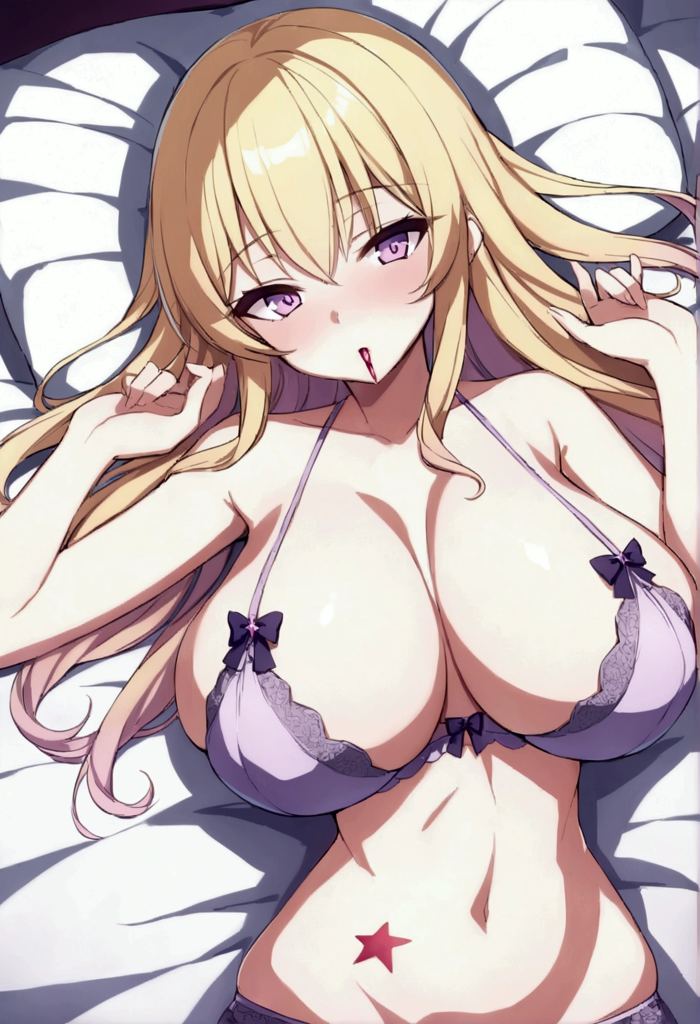 Cristalina, , long blonde hair, light lilac eyes, huge breasts, wearing a sexy princess lingerie with a scarlet crystal stuck in her throat with a star mark on her belly, lying in her bed at night without lights.hentai