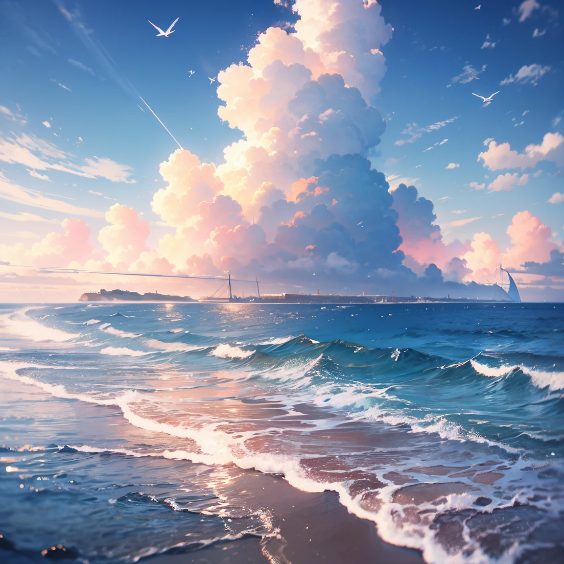 masterpiece, best quality:1.2), illustration, highres, extremely detailed, outdoors, sea, ocean, depth of field,chromatic aberration abuse, pastel color, Depth of field, shiny glary, Light, light particles, reflect, 3D, bright, beautiful and delicate water, calm water, very delicate light, nature, painting, water spray, fine luminescence, very fine 8K CG wallpaper, background, horizon, endless ocean, sunny afternoon, light clouds