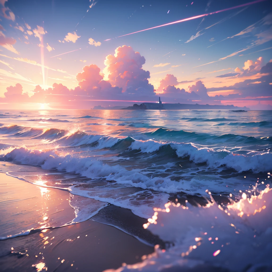 masterpiece, best quality:1.2), illustration, highres, extremely detailed, outdoors, sea, ocean, depth of field,chromatic aberration abuse, pastel color, Depth of field, shiny glary, Light, light particles, reflect, 3D, bright, beautiful and delicate water, calm water, very delicate light, nature, painting, water spray, fine luminescence, very fine 8K CG wallpaper, background, horizon, endless ocean, sunny afternoon, light clouds