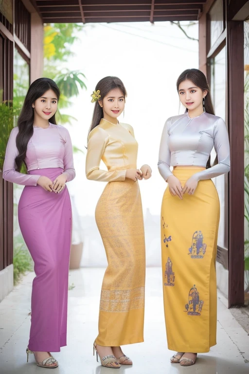 Three Myanmar girls compete with long hair and charismatic beauty owners / smiles, as well as /high hips/a few waists / traditional dresses Clean clothing/sealed silk reflected / decorated silk / artificial / clear maximum image/3D HD HD Full body