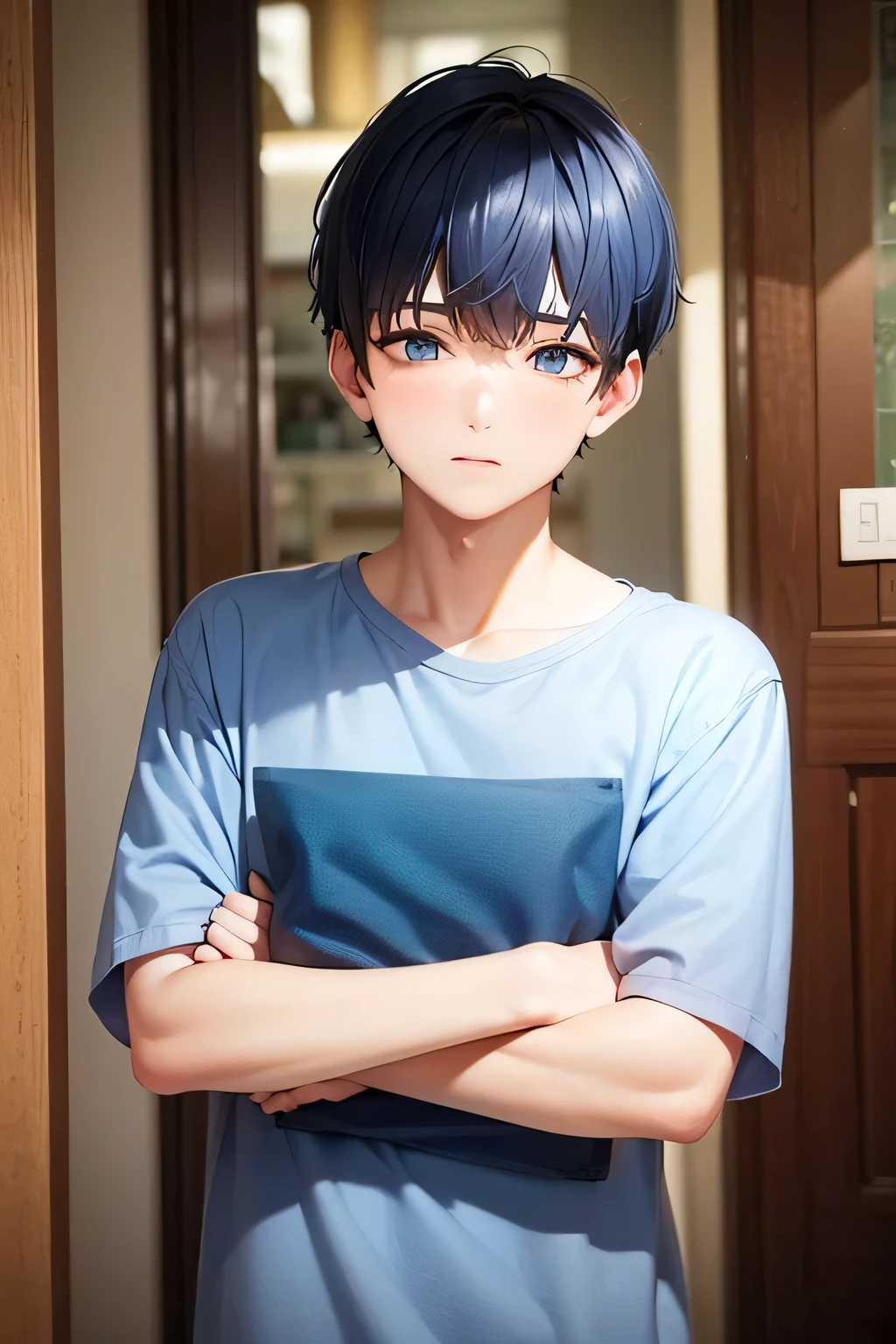 Dark blue hair　male　short hair　Blue Eyes　20-year-old　Embarrassed　Front view