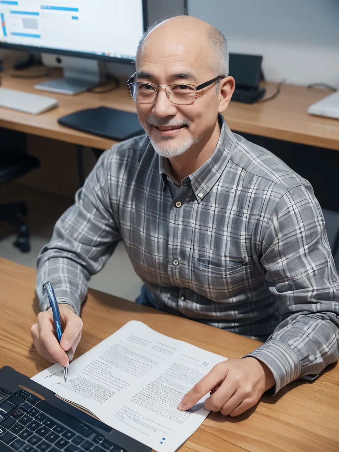 Gray-haired programmer,Wearing a plaid shirt,Chinese uncle,Wearing glasses,Baldness,Work at the company,office,With a badge,Desktop,Sitting at the table,Work,side,side全身,panoramic,Vision,Third perspective,Smile,65 years old
