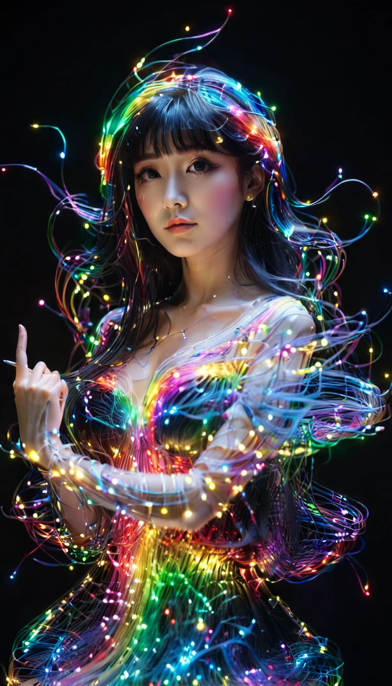 Ultra-Realistic Capture,18k,RAW Photos,Highest quality,masterpiece,reality,Very detailed,Very beautiful woman,Glass Skin,Automata,18-year-old ,Model body type,LED,A very long dress made of light particles,Very detailedな電子機器の骨格,A lot of connecting lines,Rainbow colors,(Very long LED hair),Big eyes,Long eyelashes,Well-proportioned face,Black background,Angel,Wings made of connecting wires,Raise the middle finger,