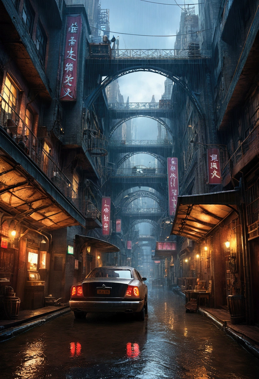((masterpiece)),((Highest quality)),((detailsまでこだわった)),((reality的,)) Industrial City, There is a deep canyon in the middle, Architecture Street, Bazaar, bridge, rainの日, steampunk, European architecture,Futuristic street, Cyberpunk atmosphere,neon,Real,reality,detailsまでReal,details,rain,Trick Art,wonder,