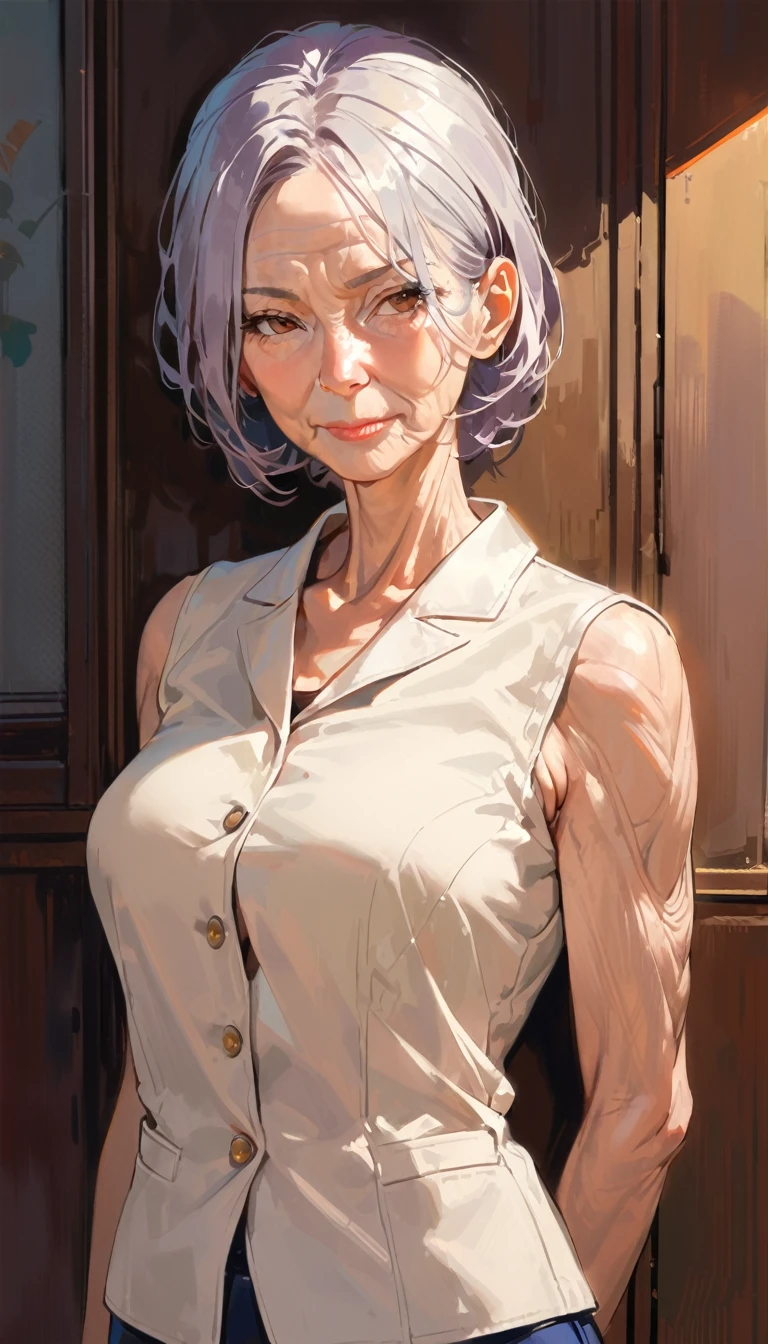 (((50 years old))), (wrinkles skin), a woman , ((Ultra-slender)), Homely attire, Upper Body