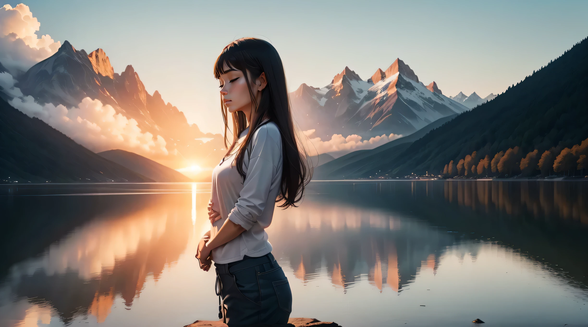 A breathtaking scene with a spectacular sunset over a calm lake surrounded by majestic mountains. En el centro de la imagen, a person stands with hands folded in prayer and eyes closed in deep meditation. Just above them, An artistic representation of God, surrounded by a divine aura of light, look with compassion at the person meditating. A luz dourada do sol poente banha a paisagem, creating a peaceful and spiritual atmosphere