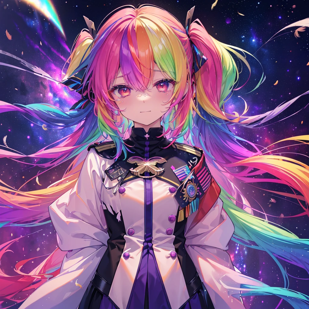 ((Archangel　Fantasy　Rainbow Hair　Dye the inside of your hair rainbow colors　Twin tails　Dull red eyes　There is a galaxy　uniform　Put on a coat without putting your arms through it　Wings many times larger than mine　rainbow gradient feathers　Lonely　Smiling Kindly　front))　((tears　gloves))　(Broken glass　Rolling Pebble　star)　Catch the wind　milky way　Shining Background　Particles of light, rainbow colored edges　star