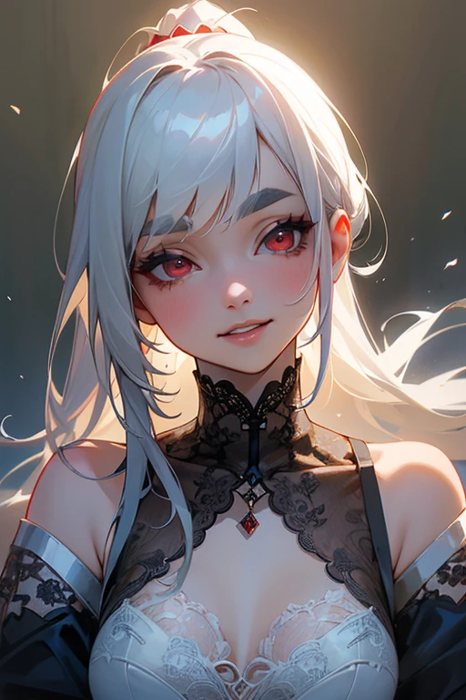 (Highest quality, masterpiece:1.2), (High resolution, 最高masterpiece).(difficult).Very detailed, Realistic:1.37, Fantasy, An illustration,Gray Hair、 Red eyes、Queen, White and blue dress、beautifully、Eyeshadow Red、Thick eyebrows、Long eyelashes、pupils are black、shiny on the lips、Top Sites、Queen、Princess、A kind smile、Show your teeth a little and smile、Soft impression、people々々々Loved by、Slimming the face、Shoulder Bare、ponytail、Kissing Face、Long white hair、Shaggy Bangs、Save face image、((Lace Underwear)).sexy、
