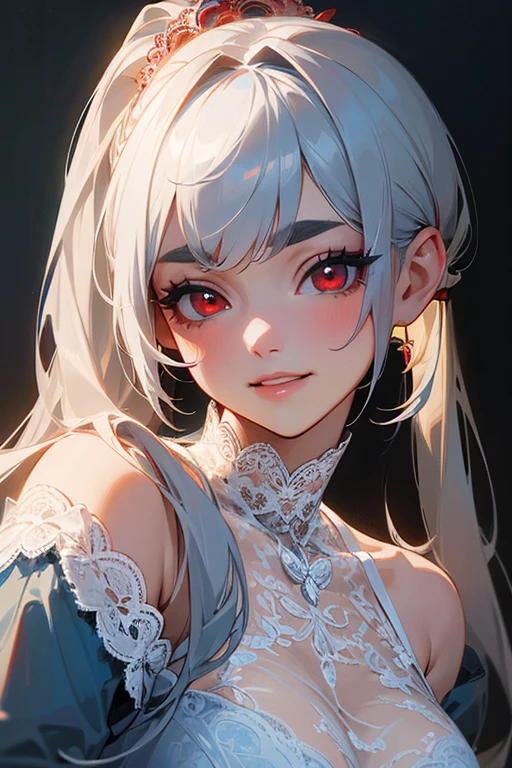 (Highest quality, masterpiece:1.2), (High resolution, 最高masterpiece).(difficult).Very detailed, Realistic:1.37, Fantasy, An illustration,Gray Hair、 Red eyes、Queen, White and blue dress、beautifully、Eyeshadow Red、Thick eyebrows、Long eyelashes、pupils are black、shiny on the lips、Top Sites、Queen、Princess、A kind smile、Show your teeth a little and smile、Soft impression、people々々々Loved by、Slimming the face、Shoulder Bare、ponytail、Kissing Face、Long white hair、Shaggy Bangs、Save face image、((Lace Underwear)).sexy、