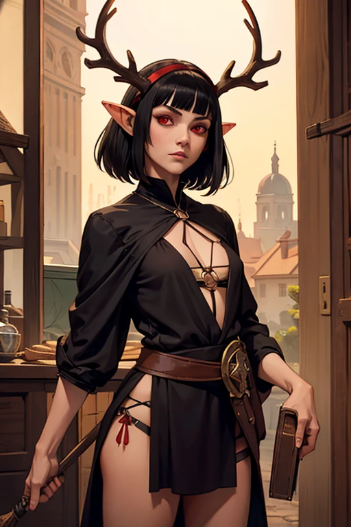 Girl with long pointed ears, short black hair, duendecillo haircut, Red eyes, antlers on the head. She is a thief who has been carrying da Vinci's monalisa trying to hide.