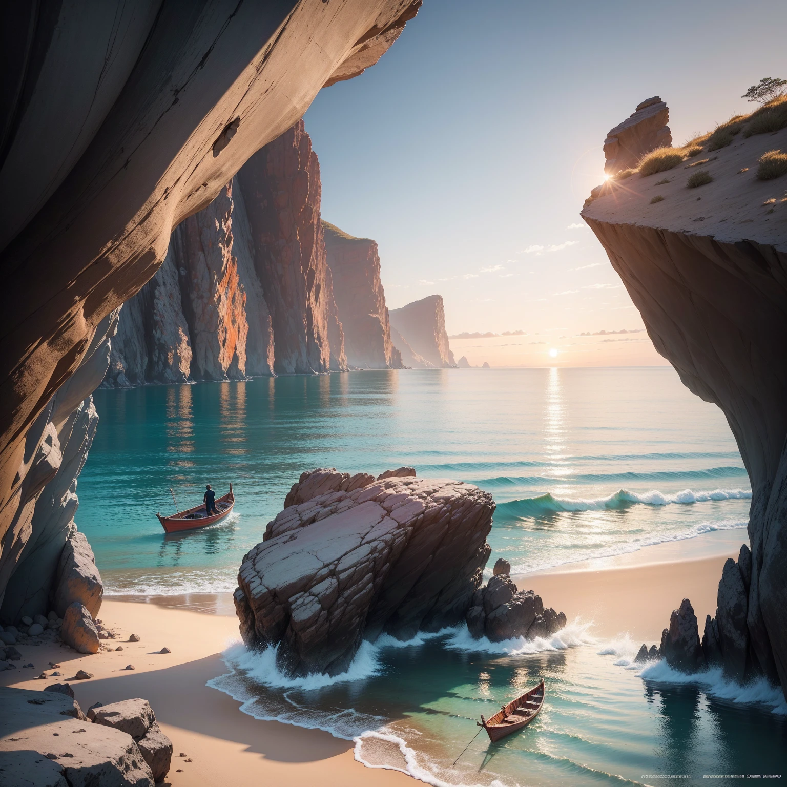 Winner of the award for best photography of the year, (the scene captures with extreme clarity, color and texture) a Turquoise Coast of Baja California, capturing the essence of a serene Mexican Panga boat anchored in the golden sand of a picturesque beach. The boat's awning extends across the side view, while fishing rods and palapas dot the landscape. Rock formations rise from the shore, with people scattered, blending harmoniously in the distance. ((Soft pinkish-orange tones blend with the sky)), reminiscent of the magic hour when the sun hides behind the horizon. The rule of thirds composition places the ship at the intersection of two diagonals, drawing the viewer's attention to the tranquil scene. The brushwork is textured and realistic, evoking the style of artists such as Aytek Cetin, Max Rive, Tanmay Sapkal, Andrea Zappia and Daniel Gerhartz.