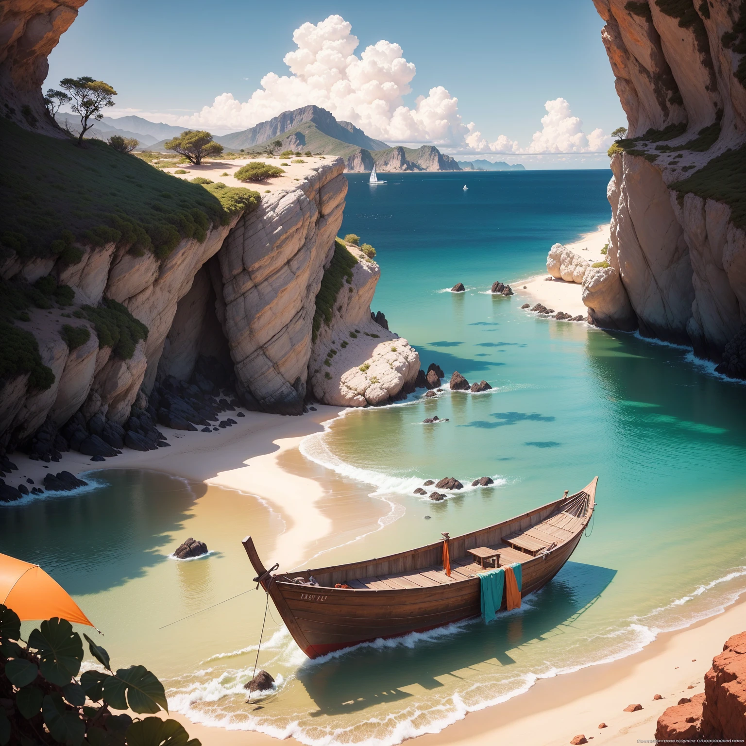 Winner of the award for best photography of the year, (the scene captures with extreme clarity, color and texture) a Turquoise Coast of Baja California, capturing the essence of a serene Mexican Panga boat anchored in the golden sand of a picturesque beach. The boat's awning extends across the side view, while fishing rods and palapas dot the landscape. Rock formations rise from the shore, with people scattered, blending harmoniously in the distance. ((Soft pinkish-orange tones blend with the sky)), reminiscent of the magic hour when the sun hides behind the horizon. The rule of thirds composition places the ship at the intersection of two diagonals, drawing the viewer's attention to the tranquil scene. The brushwork is textured and realistic, evoking the style of artists such as Aytek Cetin, Max Rive, Tanmay Sapkal, Andrea Zappia and Daniel Gerhartz.