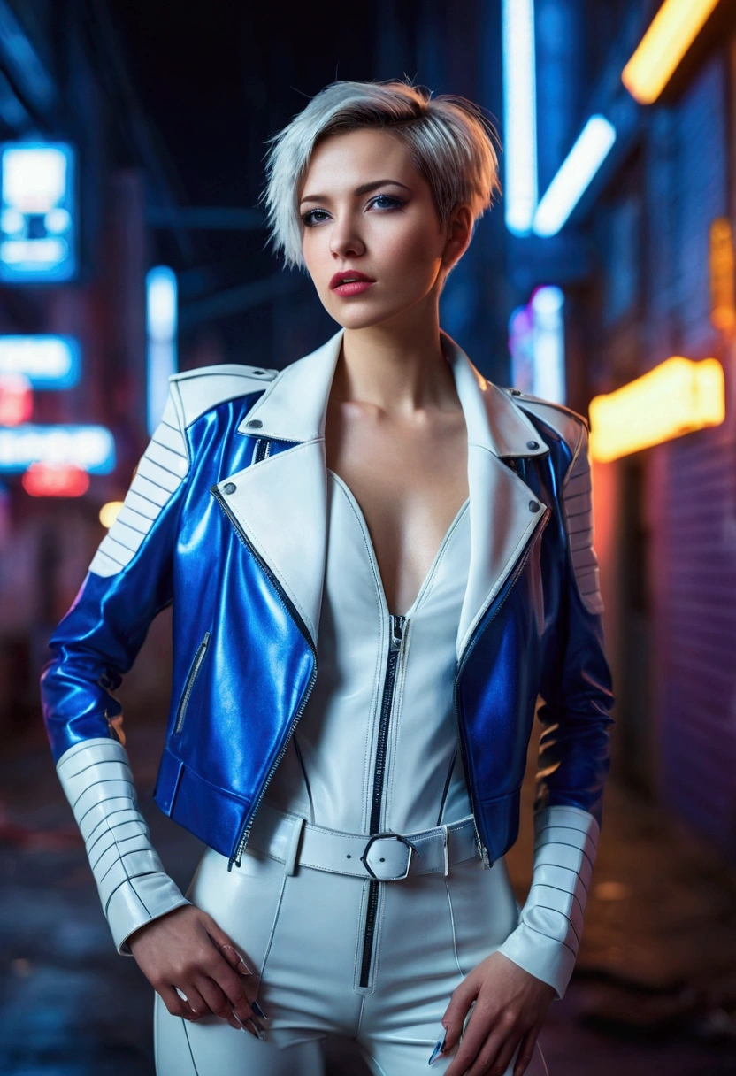 Best quality, Depth of field, blue/white color theme, leather suit,, Beautiful face and skin, Single woman, Cyberpunk city, standing, From above, Short hair, Glossy lips, Shiny eyes, Slanted eyes, High heels, Model pose, Dynamic pose, broken background, Neon lights, Backlit lens flare,