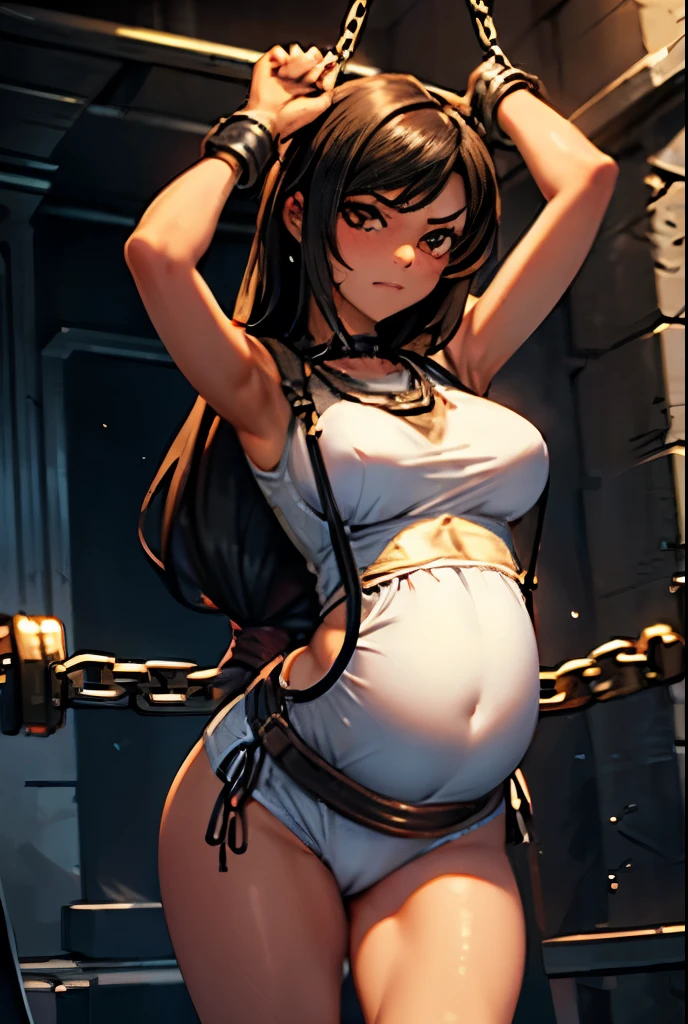 high quality, high resolution, Extremely detailed, masterpiece, Tifa Lockhart, White vest, Tied in chains,Raise your arms, In the basement,,, (restraint), angry, whole body,Pregnant women,Camel toe,Legs apart
