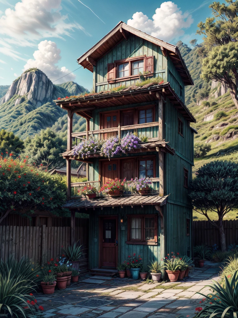 super wide perspective, outdoors, a beautiful white colored old cabin, flower fields, mountains, blue doors and windows, beach side, windy, moody weather, sand, tropical plants, stairs, amazing sky, ghibli anime scene, pots with tropical leafy plants, white metal chair with table, white cycle with basket, red flowers in balcony, flowers in foreground, cinematic color tones, subtle light, vibrant color tones, ghibli style, no humans, scenery, masterpiece, high resolution