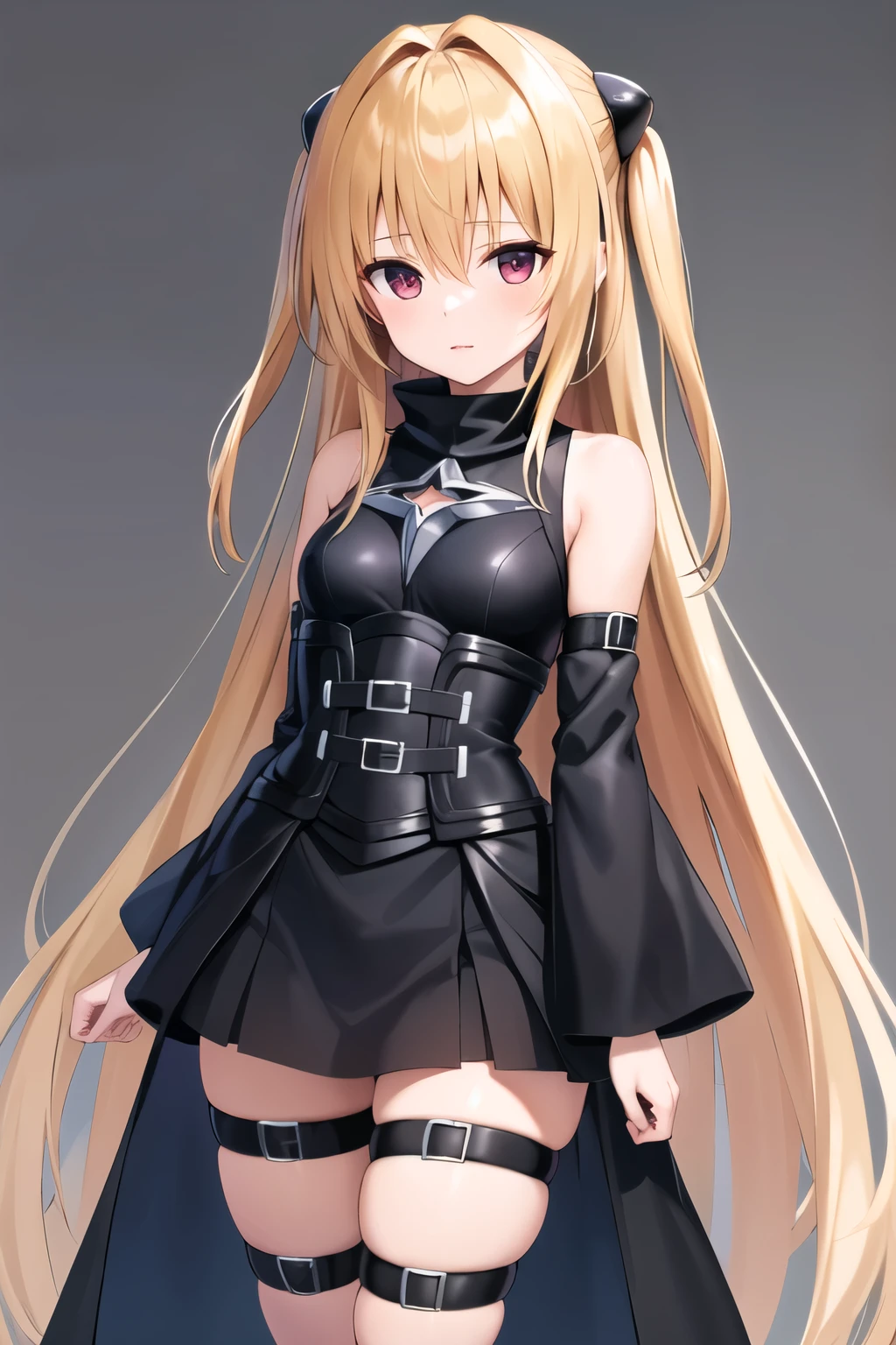 masterpiece, Best Quality, High resolution, aayami, very long hair, two sides up, hair ornament, bare shoulders, black dress, clothing trimming, separate sleeves, belt, thigh strap, standing, cowboy shot,