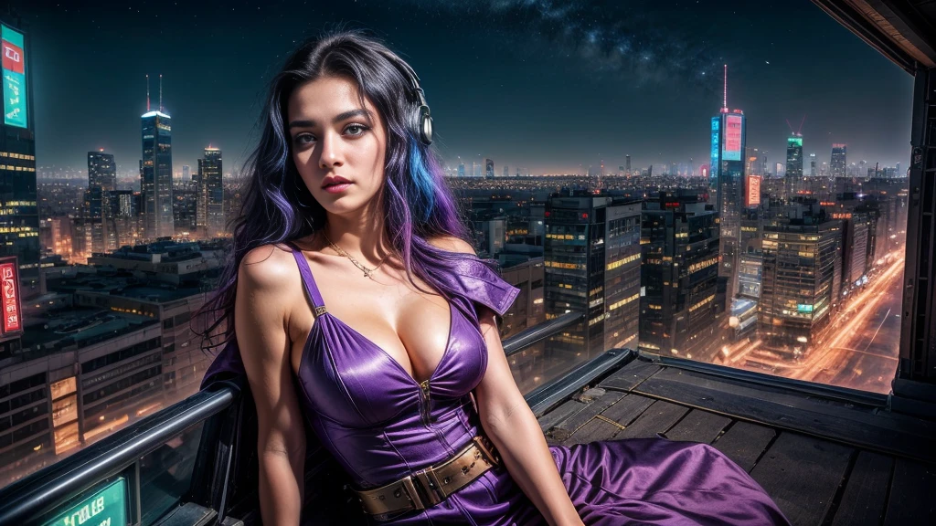 A beautiful european girl, on the roof of cyberpunk building, serious face, wearing purple medieval dress, jewelry, cleavage, full body. She is 24 years old, has black hair, long hair, curly hair and blue eyes. Her cloth is stylish and her overall appearance is stunning. The girl's face is extremely detailed with beautifully detailed lips. Her skin is anatomically correct with realistic textures. The image should have super high details and be of the best quality, with a resolution of 8K. The final result should be a masterpiece, showcasing the girl's beauty and the vibrant atmosphere of The cyberpunk city and the night