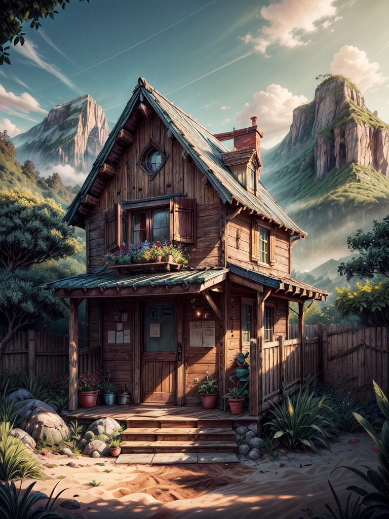super wide perspective, outdoors, a beautiful white colored old cabin, flower fields, mountains, blue doors and windows, beach side, windy, moody weather, sand, tropical plants, stairs, amazing sky, ghibli anime scene, pots with tropical leafy plants, white metal chair with table, white cycle with basket, red flowers in balcony, flowers in foreground, cinematic color tones, subtle light, vibrant color tones, ghibli style, no humans, scenery, masterpiece, high resolution 