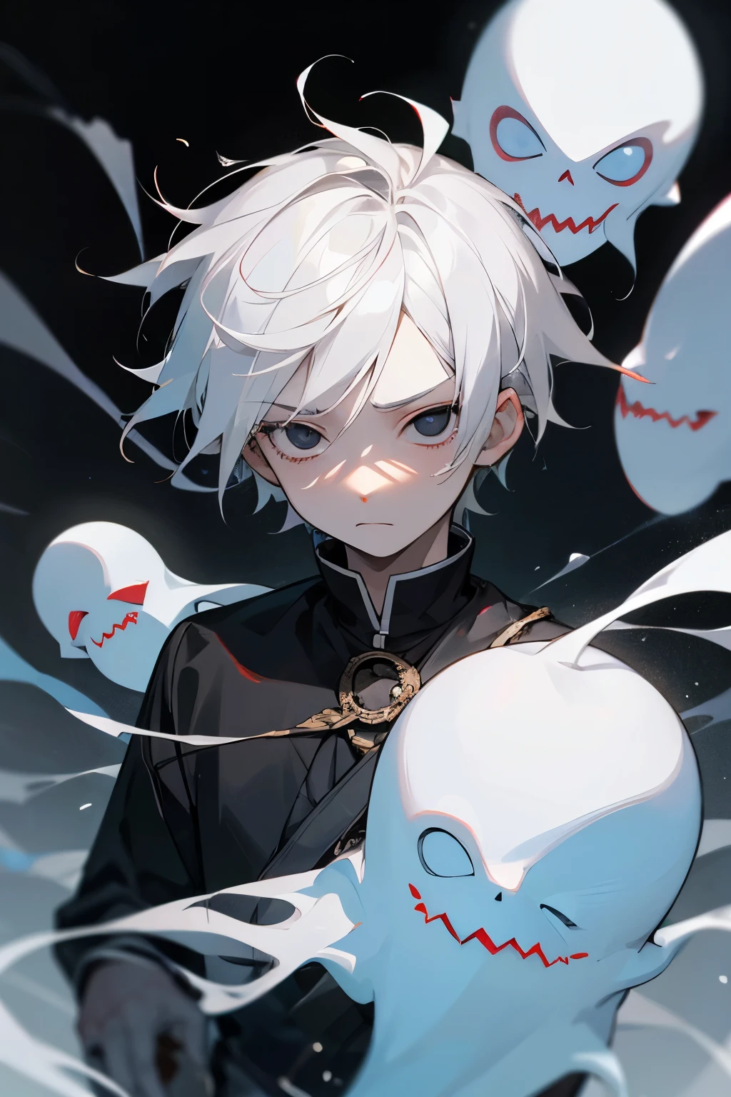 masterpiece, best quality, boy, young, transparent,, white hair, white skin, dead eyes, jet black eyes, black sclera, ghost, glowing eyes, , midnight, sad expression