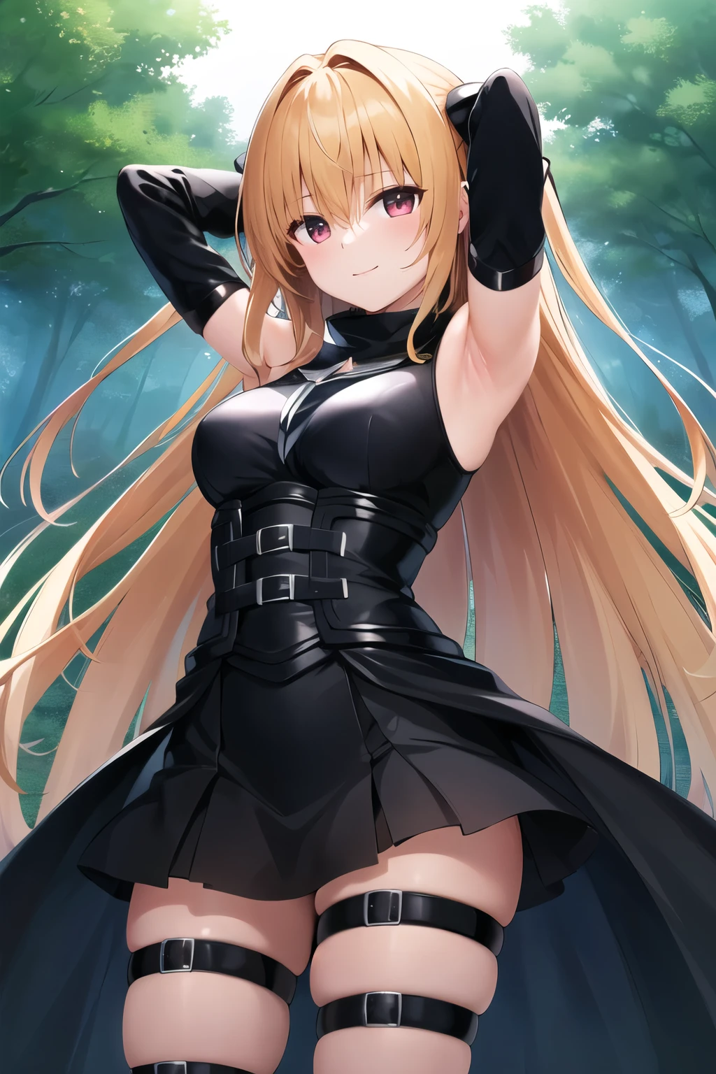 masterpiece, Best Quality, High resolution, aayami, very long hair, two sides up, hair ornament, bare shoulders, black dress, clothing trimming, separate sleeves, belt, thigh strap, Closed mouth, Alone, cowboy shot, night sky, forest, arms behind head, contrasted, shy smile, extend armpits, shy smile, high quality,