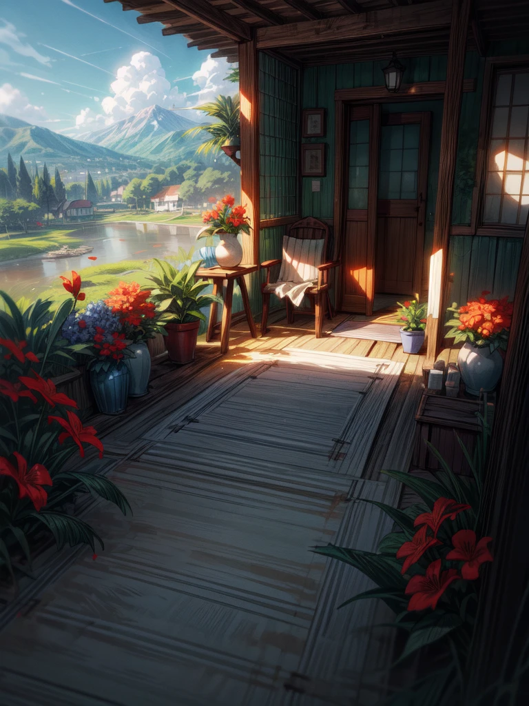 super wide perspective, outdoors, a beautiful white colored old cabin, flower fields, mountains, blue doors and windows, beach side, windy, moody weather, sand, tropical plants, stairs, amazing sky, ghibli anime scene, pots with tropical leafy plants, white metal chair with table, white cycle with basket, red flowers in balcony, flowers in foreground, cinematic color tones, subtle light, vibrant color tones, ghibli style, no humans, scenery, masterpiece, high resolution 