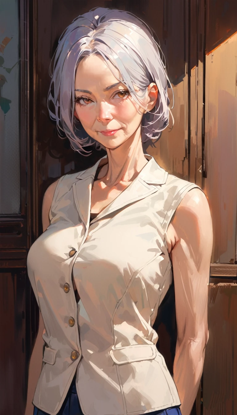(((50 years old))), [wrinkles skin], a woman , ((Ultra-slender)), Homely attire, Upper Body