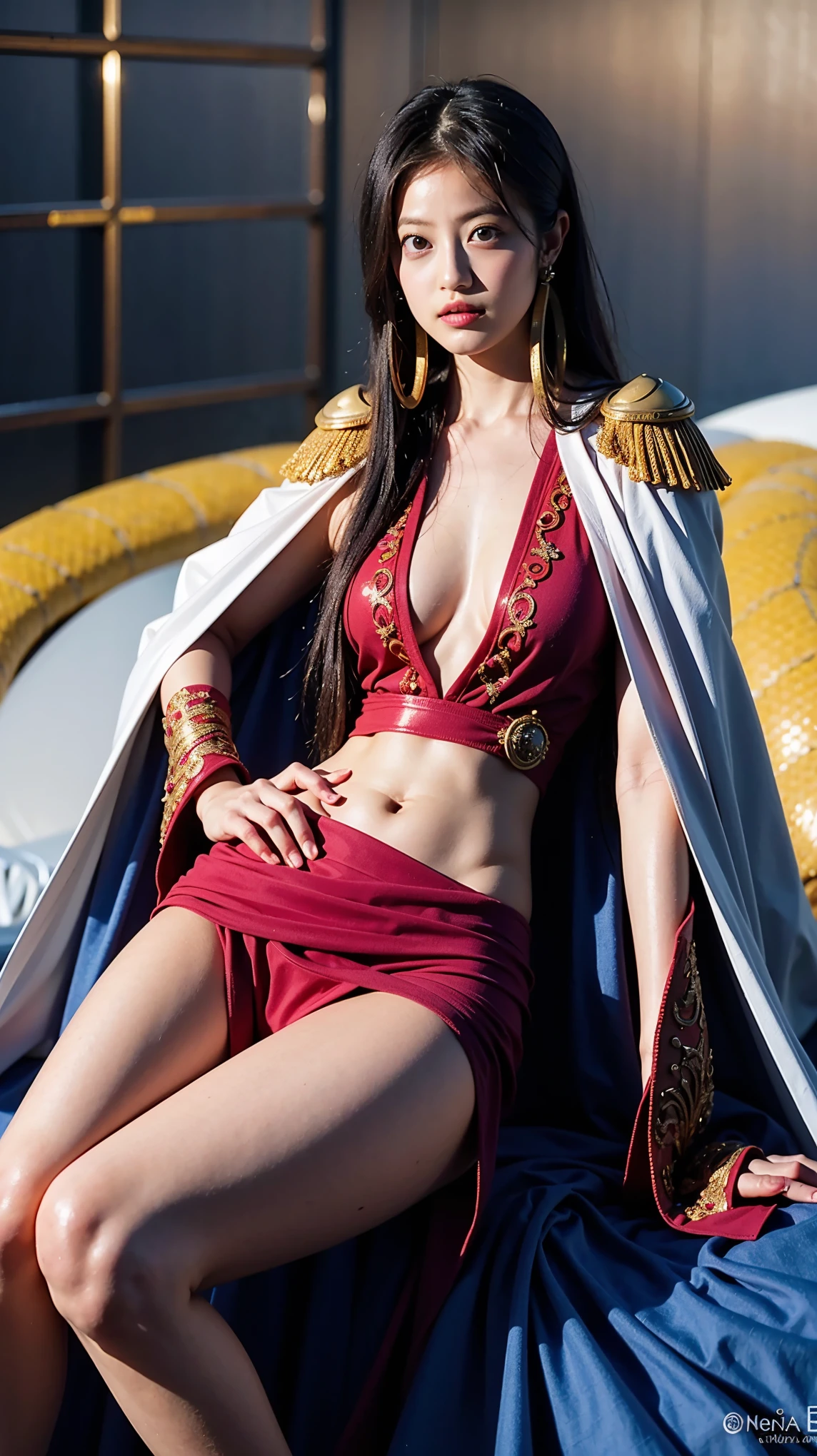 Moisturized skin, (Pink and bright eyes), (Looking down on people), Perfect body,
BREAK,
(Beautiful navel), (Side slit), (Epaulets), Cape, Crop top, Cloak,
BREAK,
(Super long hair), (Large gold and curved earrings: 1.2),
BREAK,
(((Masterpiece + Highest quality + High resolution + Very detailed))), (Full body: 1.2), Symmetrical, One shot,
BREAK,
(In the streets of Japan: 1.3),
BREAK,
(ONE PIECE), (Imada Mio: 1.4), (Boa Hancock: 1.3), ((Large snake)),