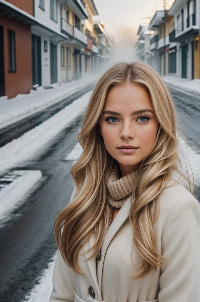 proFessional portrait photograph oF a gorgeous Norwegian girl in winter clothing with long wavy blonde hair, sultry Flirty look, gorgeous symmetrical Face, lindo maquillaje natural, wearing elegant warm winter Fashion clothing, ((parado afuera en una calle nevada de la ciudad)), impresionante entorno urbano moderno, ultra realista, Arte conceptual, elegant, muy detallado, Intrincado, sharp Focus, depth oF Field, F/1. 8, 85mm, tiro medio, plano medio, (((proFessionally color graded))), bright soFt diFFused light, (volumetric Fog), tendencia en instagram, hdr 4k, 8K