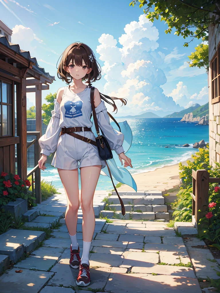Anime illustration、masterpiece, One girl, Sparrow, Brown Haired Girl, Dressed as an adventurer, Curly shorthair, Messy Hair, The body is slim, Shirt decoration, Ruby Eyes, Baby Face, Small breasts, Beautiful breasts, Long sleeve, Beautiful Eyes, socks&sneakers、Her age is , Tight shorts、Greek Islands、Archaeological Research Society、White terracotta building、Blue and light blue sea、Summer white clouds、1 shoulder bag、