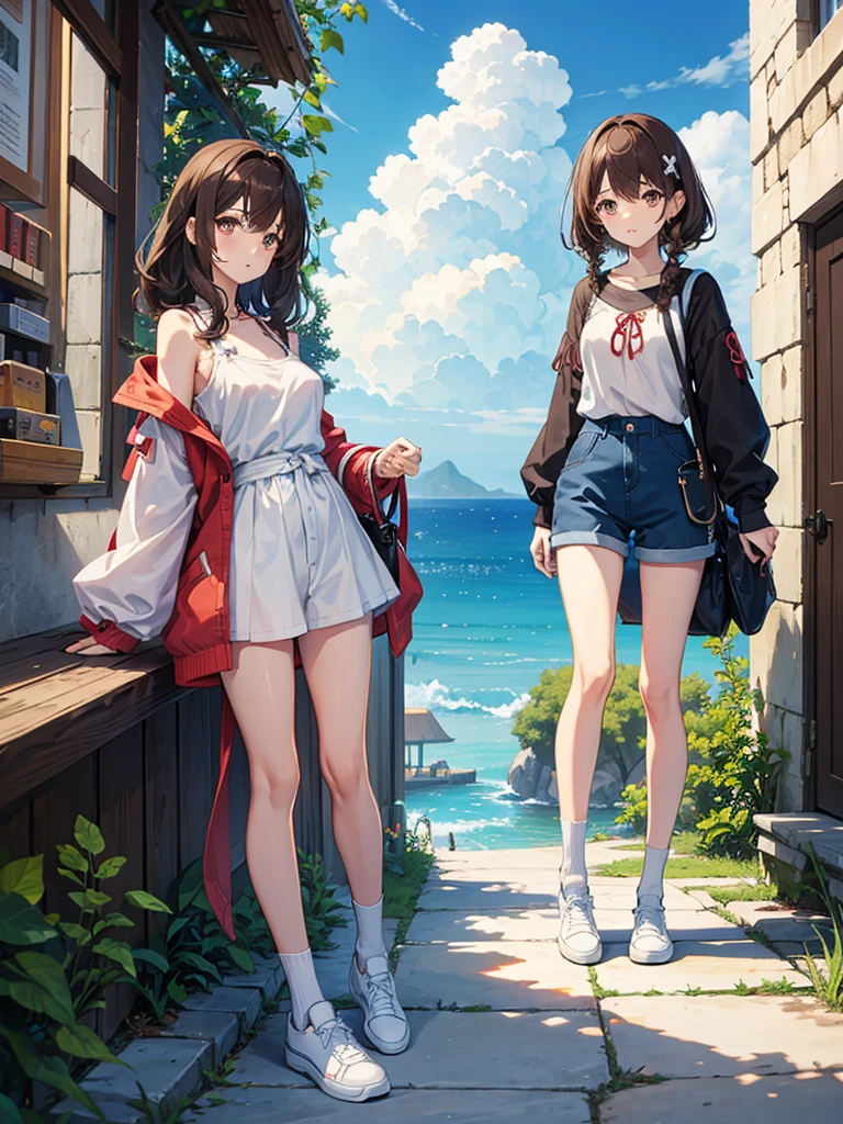 Anime illustration、masterpiece, One girl, Sparrow, Brown Haired Girl, Dressed as an adventurer, Curly shorthair, Messy Hair, The body is slim, Shirt decoration, Ruby Eyes, Baby Face, Small breasts, Beautiful breasts, Long sleeve, Beautiful Eyes, socks&sneakers、Her age is , Tight shorts、Greek Islands、Archaeological Research Society、White terracotta building、Blue and light blue sea、Summer white clouds、1 shoulder bag、