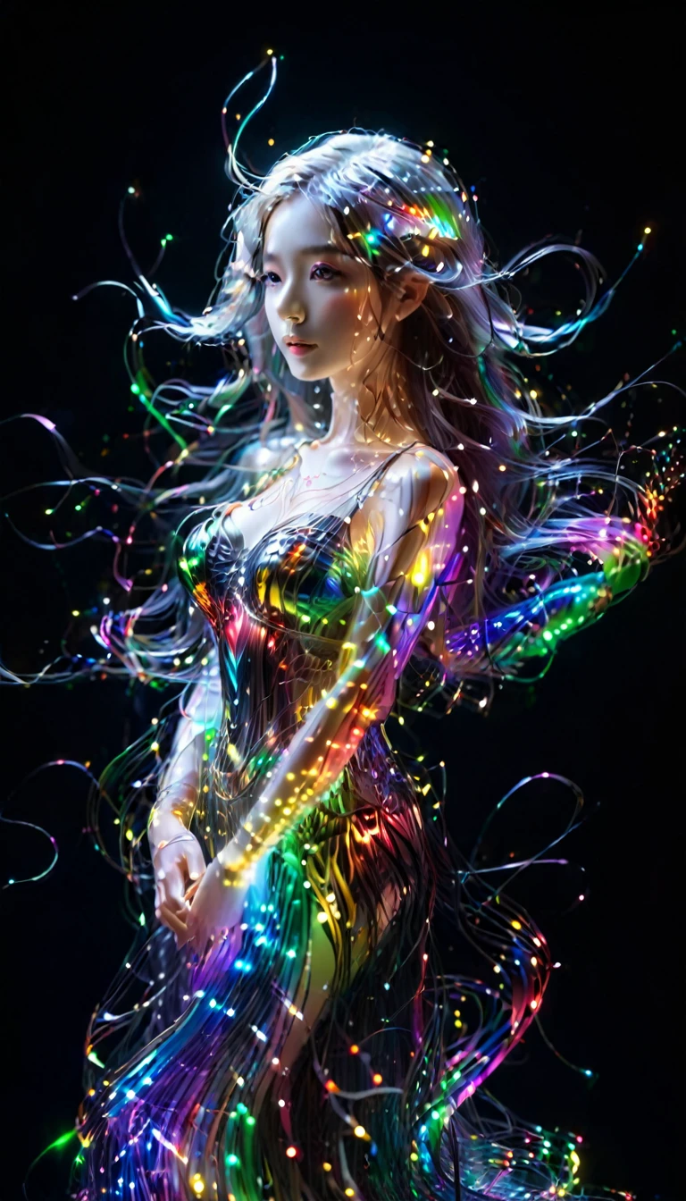 Ultra-Realistic Capture,18k,RAW Photos,Highest quality,masterpiece,reality,Very detailed,Very beautiful woman,Glass Skin,Automata,18-year-old ,Model body type,LED,A very long dress made of light particles,Very detailedな電子機器の骨格,A lot of connecting lines,Rainbow colors,(Very long LED hair),Big eyes,Long eyelashes,Well-proportioned face,Black background,Angel,Wings made of connecting wires,Raise the middle finger,