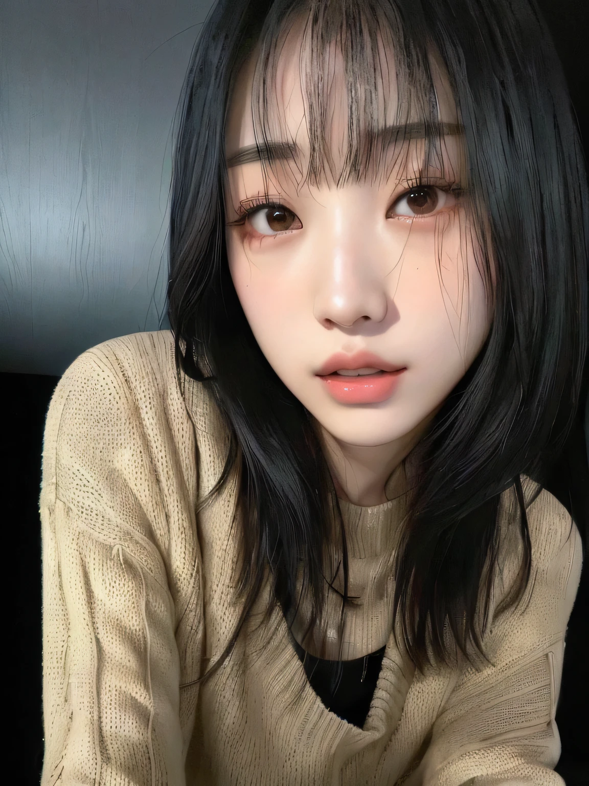 Arafed Asian woman with long black hair and a sweater., chiho, the hime cut, Yoshitomo Nara, kiko mizuhara, sui ishida, shikami, Narumi Kakinouchi, motto hole, yuuka kazami, Chiho Ashima, Pale Asian Face and Cute Young Yves from Loona Yves