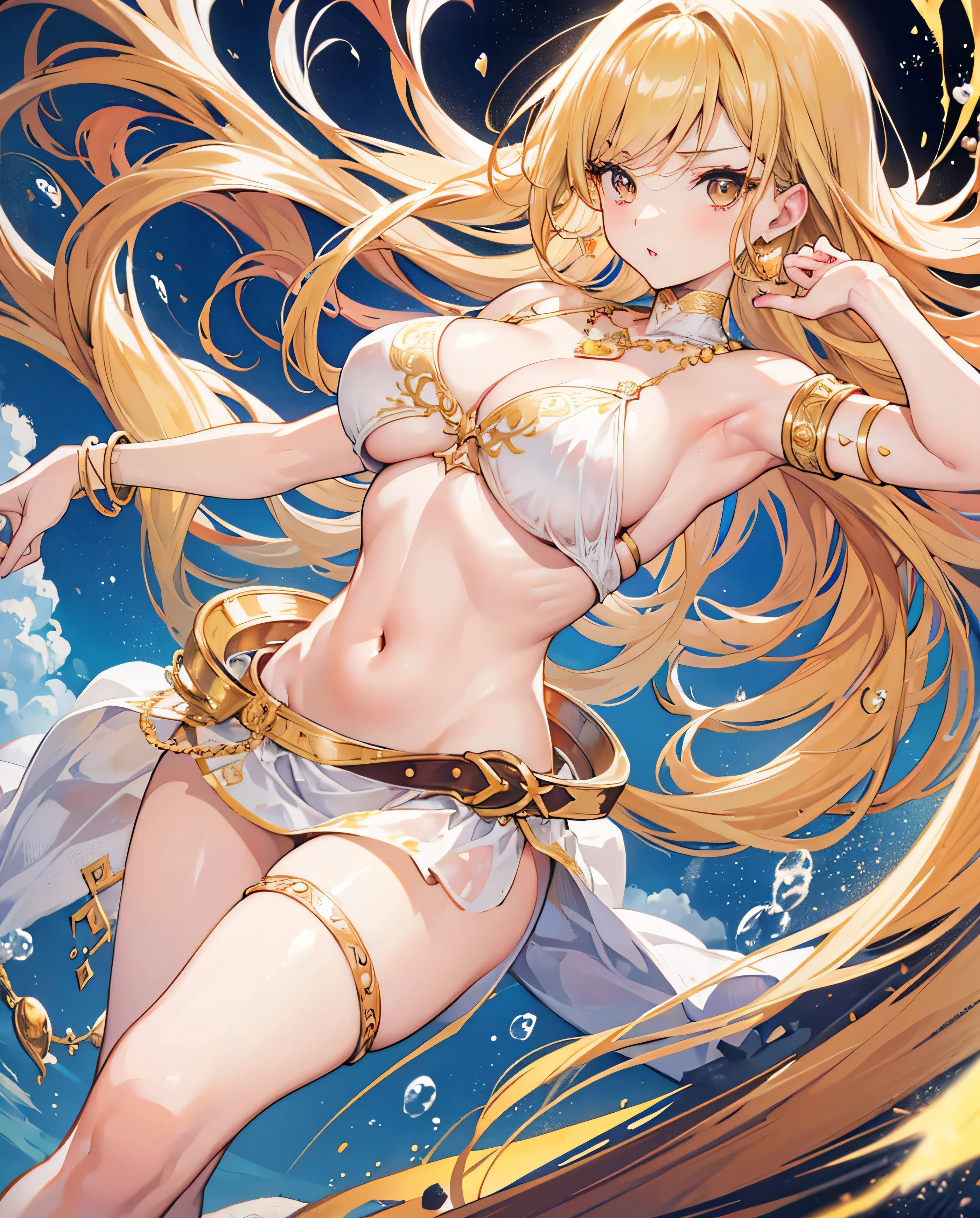 1woman 30year old, large breasts, triple D cup breasts, round buttocks, bubbly buttocks, long blonde hair, looking at viewer, navel, cleavage, bare shoulders, brown eyes, jewelry, medium breasts, earrings, midriff, belt, necklace, bracelet, lips, armlet, ((dynamic pose)), ((dynamic angle)),